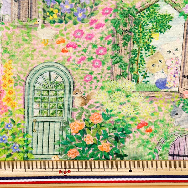 【数量5から】 生地 『22fabric 綿麻シーチング デジタルプリント シークレットガーデン ピンク DP-4856-4B』