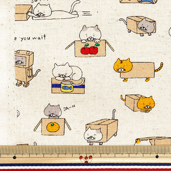 【数量5から】 生地 『綿麻キャンバス ダンボールねこ キナリ KTS6970-A』 COTTON KOBAYASHI コットンこばやし 小林繊維