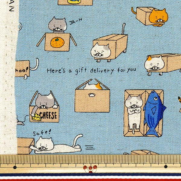 【数量5から】 生地 『綿麻キャンバス ダンボールねこ ブルー KTS6970-B』 COTTON KOBAYASHI コットンこばやし 小林繊維