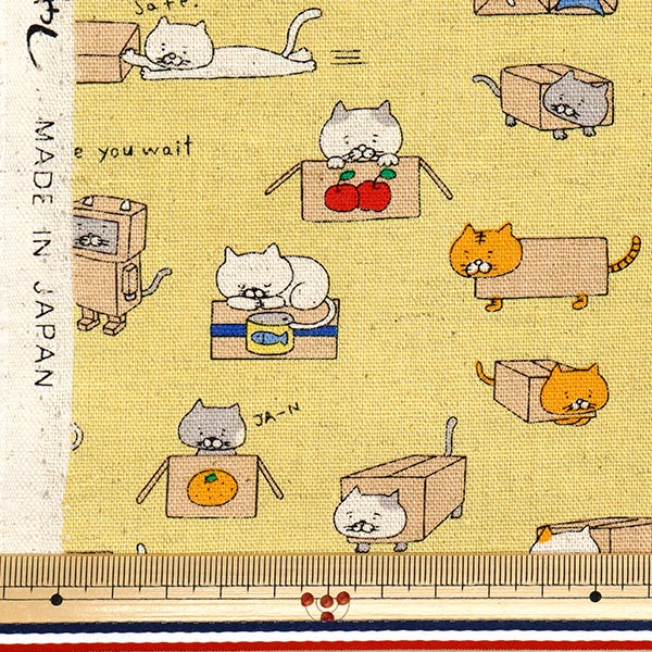 【数量5から】 生地 『綿麻キャンバス ダンボールねこ イエロー KTS6970-C』 COTTON KOBAYASHI コットンこばやし 小林繊維