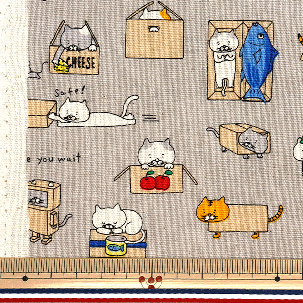 【数量5から】 生地 『綿麻キャンバス ダンボールねこ グレー KTS6970-D』 COTTON KOBAYASHI コットンこばやし 小林繊維