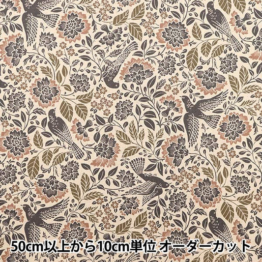 【数量5から】 生地 『綿麻キャンバス 鳥と花 キナリ×ピンク花 40200-A』