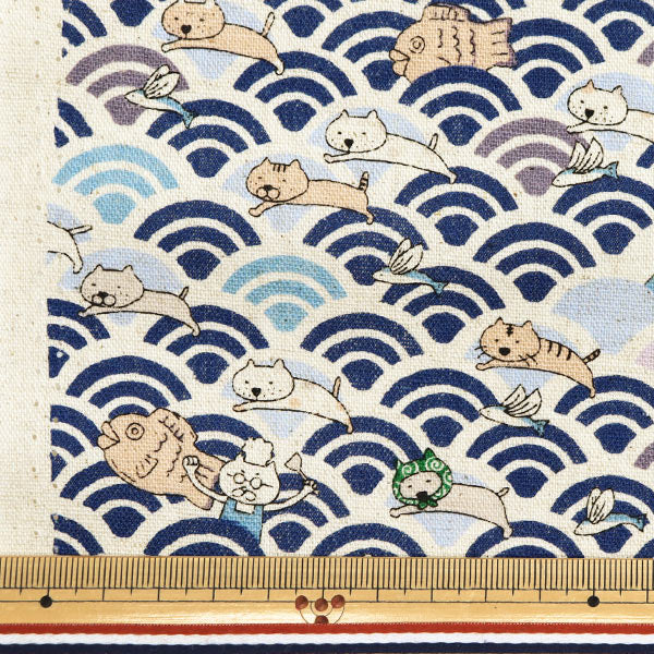 【数量5から】 生地 『綿麻キャンバス 青海波 ねこと鯛焼き ネイビー KTS7065-B』 COTTON KOBAYASHI コットンこばやし 小林繊維