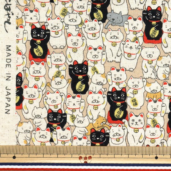 【数量5から】 生地 『綿麻キャンバス まねき猫 ベージュ KTS7106-A』 COTTON KOBAYASHI コットンこばやし 小林繊維