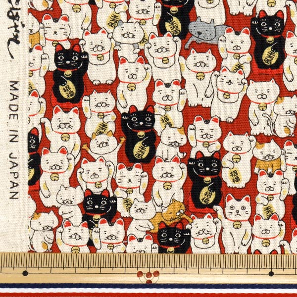 【数量5から】 生地 『綿麻キャンバス まねき猫 アカ KTS7106-B』 COTTON KOBAYASHI コットンこばやし 小林繊維