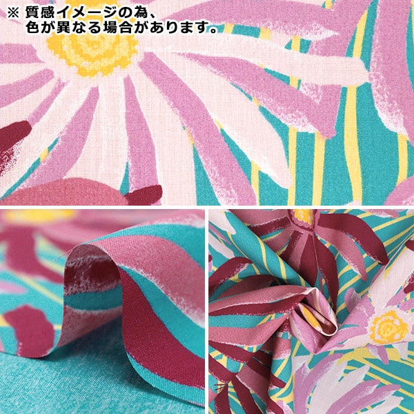 【数量5から】 生地 『マウナロア TCハワイアンプリント ガーベラ ブルー×ピンク YFOP0324』