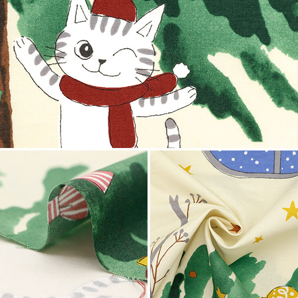 生地 『シーチング クリスマス パネルカットクロス 約110cm×60cm ネコ柄 A YKA-16030-1A』 KOKKA コッカ