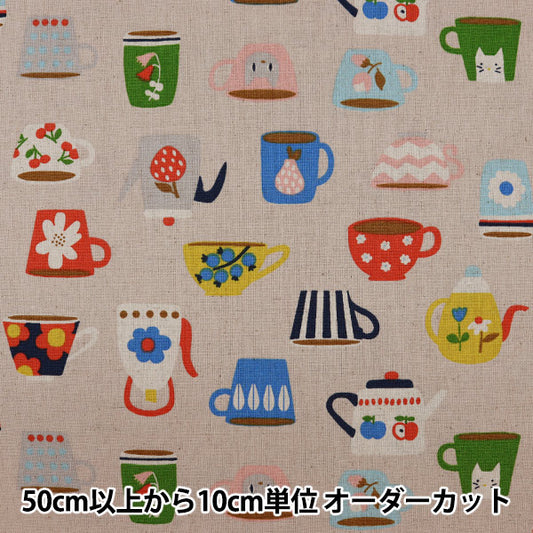 【数量5から】 生地 『綿麻キャンバス ティータイムキャット アイボリー 99097-2A』
