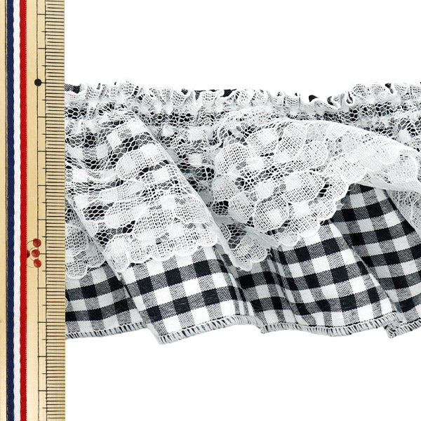 【数量5起】荷叶边絲帶 《レースチェックフリル黑色fr 2444"