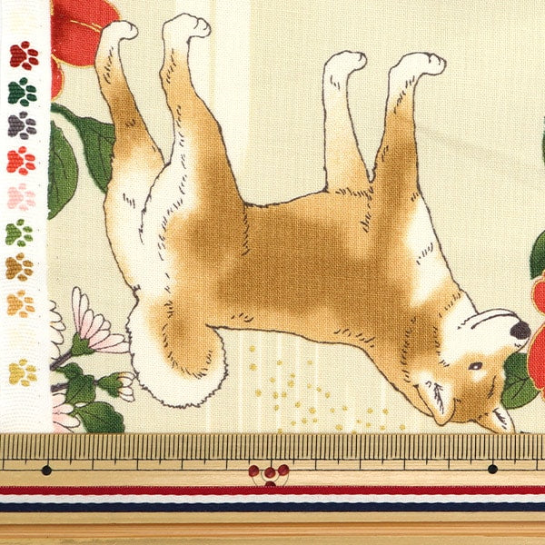 【数量5から】 生地 『シーチング 百花繚乱 花としば犬 12A番色 HR3430-12A』