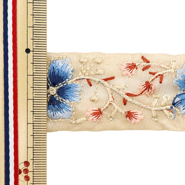 【数量5から】 手芸ブレード 『2022 インド刺繍ブレード ベージュ×ブルー 45122E』