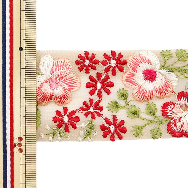 【数量5から】 手芸ブレード 『2022 インド刺繍ブレード ベージュ×レッド 45198A』