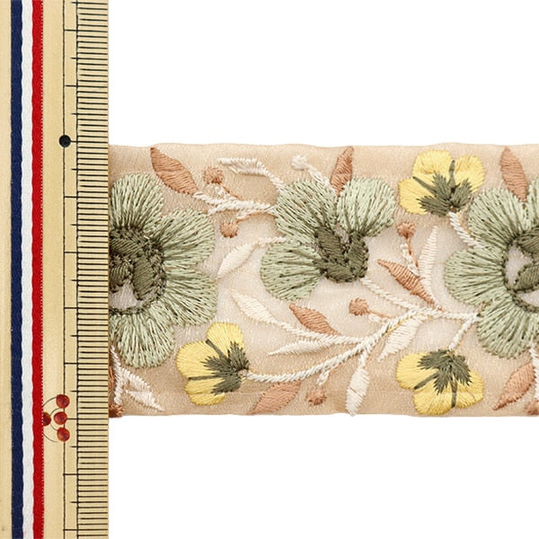 【数量5から】 手芸ブレード 『2022 インド刺繍ブレード ベージュ×グリーン 092B』