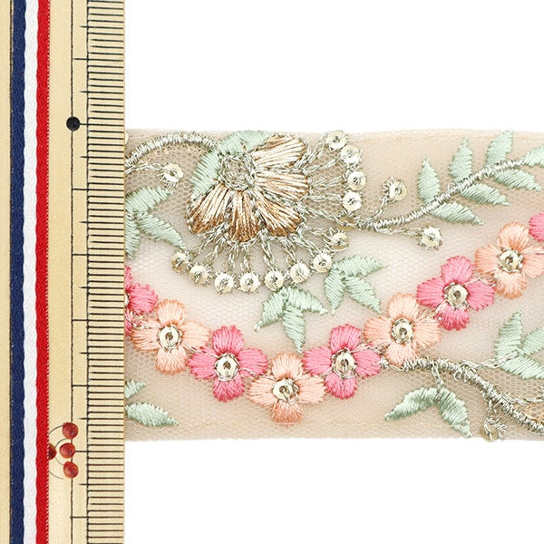 【数量5から】 手芸ブレード 『2023 インド刺繍ブレード ベージュ×ピンク 779D』