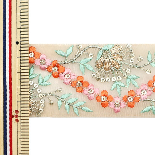 【数量5から】 手芸ブレード 『2023 インド刺繍ブレード ベージュ×オレンジ 779E』
