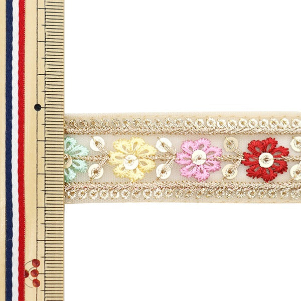 【数量5から】 手芸ブレード 『2023 インド刺繍ブレード ベージュ×レッド 877F』