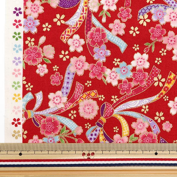 【数量5から】 生地 『スケア 金粉和柄 桜 赤 YU850238-1-1』