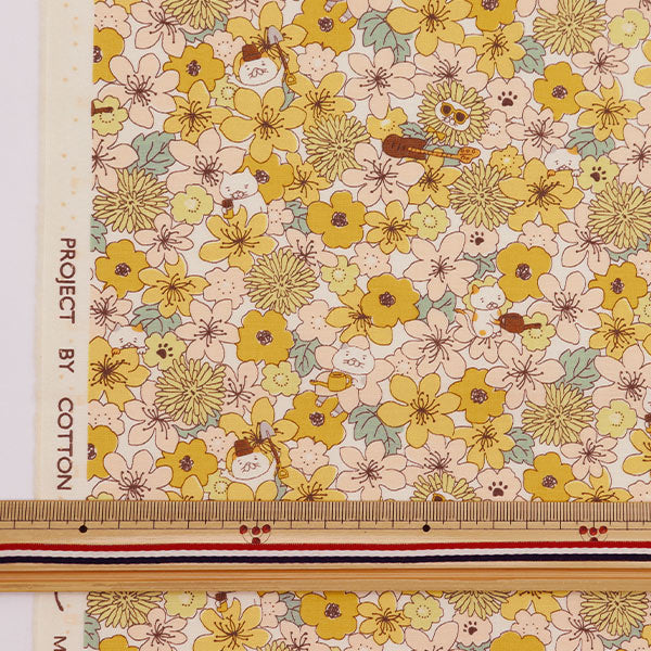 【数量5から】 生地 『ブロード ねこと花柄 イエロー KTS7062-C』 COTTON KOBAYASHI コットンこばやし 小林繊維