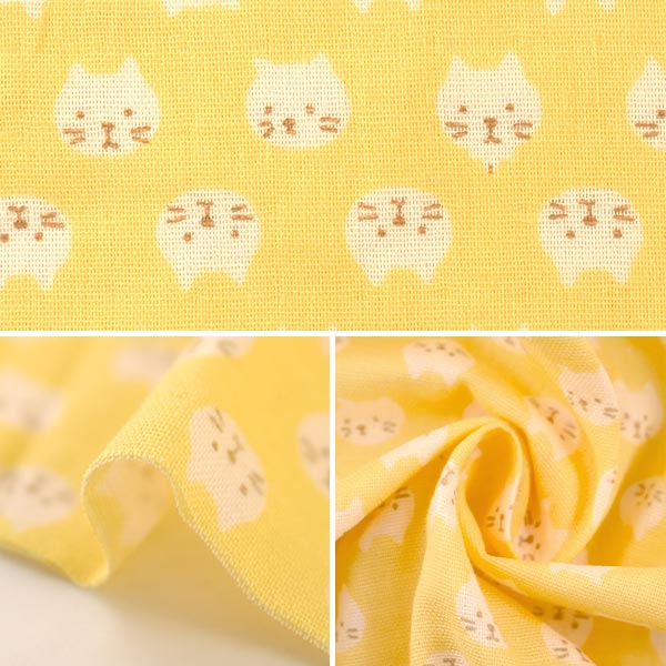 【数量5から】 生地 『Wガーゼ ねこ イエロー KTS3744-D』 COTTON KOBAYASHI コットンこばやし 小林繊維