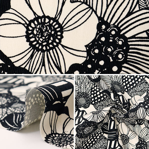 [From quantity 5] Fabric 『Corduroy Artificial Flowers Ivory x black UP5941-A" COTTON KOBAYASHI
