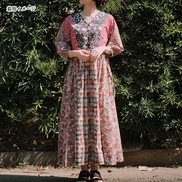 Dressmaking kit "Pattern Label x Maiando Made With Liberty Fabric Panel Switching One Piece Kit Black Red Liberty Japan