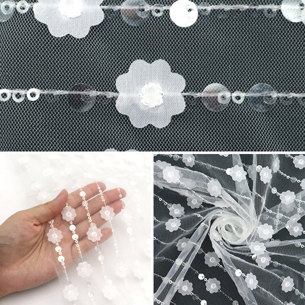[Quantity starting from 5] Fabric "Sequin Tulle Flower Line White SPTULH-LIFLWH"