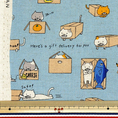 【数量5から】 生地 『綿麻キャンバス ダンボールねこ ブルー KTS6970-B』 COTTON KOBAYASHI コットンこばやし 小林繊維