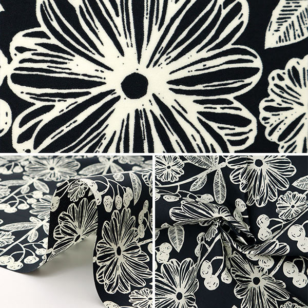 [From quantity 5]Fabric "nylonTaffetaPrint Scandinavian floral pattern black x white SG-4001-A"