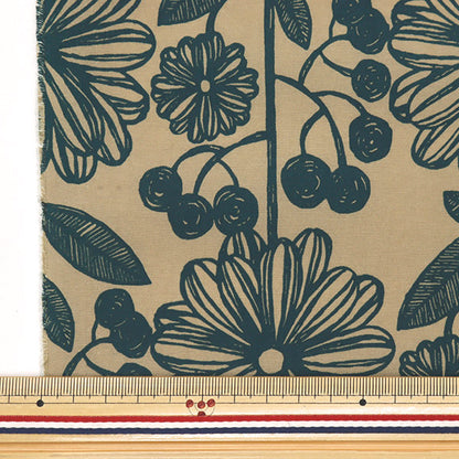 [From quantity 5]Fabric "nylonTaffetaPrint Nordic floral pattern beige x black SG-4001-b"