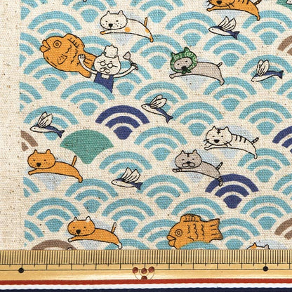 [数量从5开始] 织物 “棉花帆布Aoumi Nami Cat和Taiyaki萨克斯管KTS7065-A" COTTON KOBAYASHI