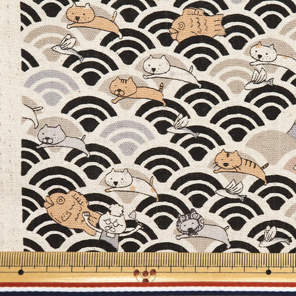 [数量从5开始] 织物 “棉布帆布Aoumi Nami Cat和Taiyaki Black KTS7065-C" COTTON KOBAYASHI