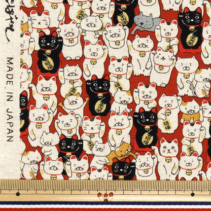 【数量5から】 生地 『綿麻キャンバス まねき猫 アカ KTS7106-B』 COTTON KOBAYASHI コットンこばやし 小林繊維