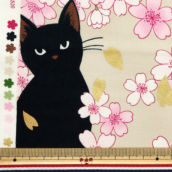 [Quantity starting from 5] Fabric 『Sheeting Hyakuhayaran Black Cat and Cherry Blossom Ivory HR3520-11A" Quilt Gate Quilt Gate