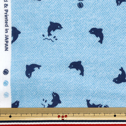 [Quantity starting from 5] Fabric 『double gauze Denim-style print Iruka Saxophone AP25501-18A"