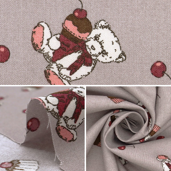 [Quantity starting from 5] Fabric "Milkratte" Sheeting Bear & Cherry Grey MLJS-13A"