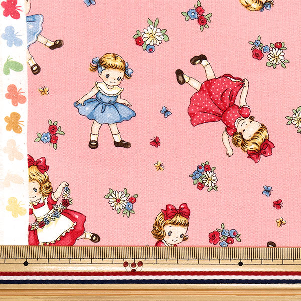 [Quantity starting from 5] Fabric 『Sheeting Margaret & Sophie Runrun Sisters Pink MS7050-14B"