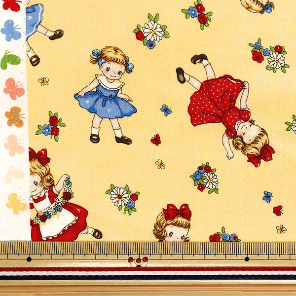 [Quantity starting from 5] Fabric 『Sheeting Margaret & Sophie Runrun Sisters Yellow MS7050-14C"