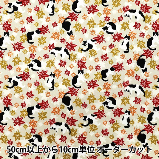【数量5から】 生地 『シーチング ハチワレ猫紅葉 アイボリー YZ55902-1A』