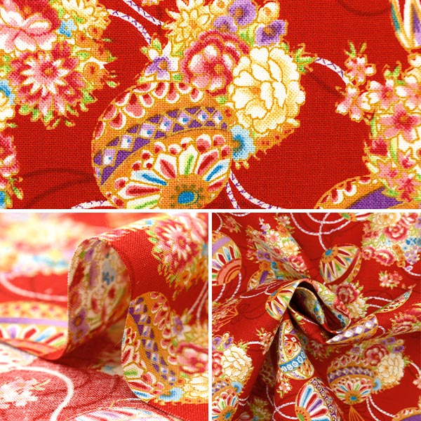 [From quantity 5] Fabric "Yusai Ichifu Sherting Hana Temari Aka YUZ-914-1" 【Yuzawayaoriginal】