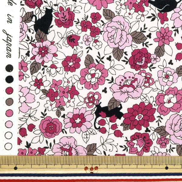 [Quantity starting from 5] Fabric 『Sheeting Small flowers and black cat pattern pink YUZ-923-1" 【Yuzawayaoriginal】