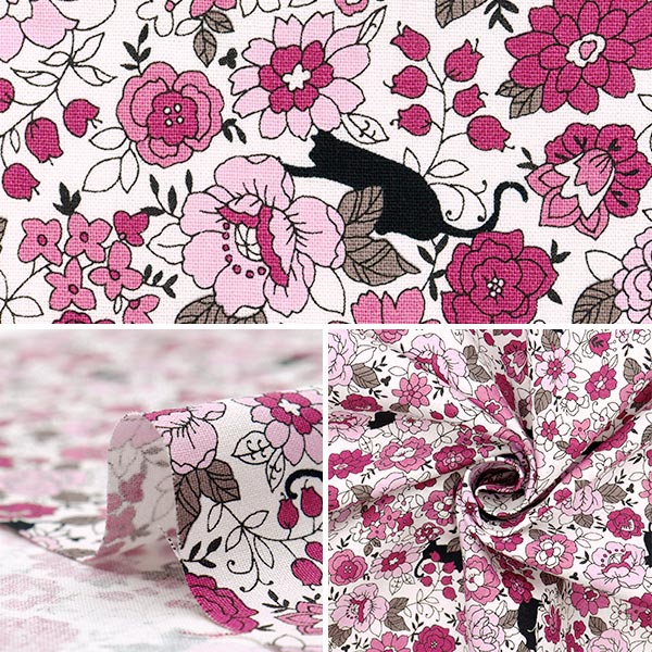 [Quantity starting from 5] Fabric 『Sheeting Small flowers and black cat pattern pink YUZ-923-1" 【Yuzawayaoriginal】
