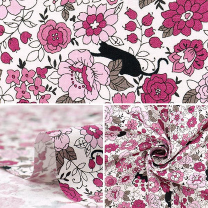 [Quantity starting from 5] Fabric 『Sheeting Small flowers and black cat pattern pink YUZ-923-1" 【Yuzawayaoriginal】