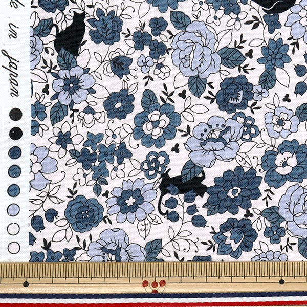 [Quantity starting from 5] Fabric 『Sheeting Small flowers and black cat pattern, blue YUZ-923-2" 【Yuzawayaoriginal】