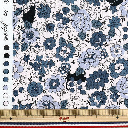 [Quantity starting from 5] Fabric 『Sheeting Small flowers and black cat pattern, blue YUZ-923-2" 【Yuzawayaoriginal】