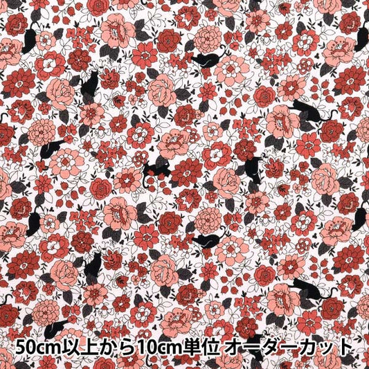 [Quantity starting from 5] Fabric 『Sheeting Small flowers and black cat pattern red YUZ-923-3" 【Yuzawayaoriginal】