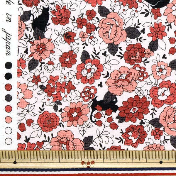 [Quantity starting from 5] Fabric 『Sheeting Small flowers and black cat pattern red YUZ-923-3" 【Yuzawayaoriginal】