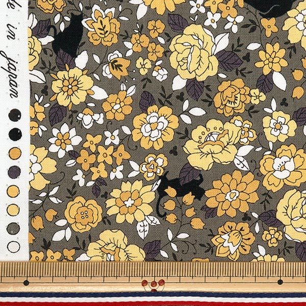 [Quantity starting from 5] Fabric 『Sheeting Small flowers and black cat pattern, yellow YUZ-923-4" 【Yuzawayaoriginal】