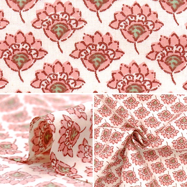 [Quantity starting from 5] Fabric "IndiaSheetingPrinted floral pattern beige x pink RAM-SHE-25A"