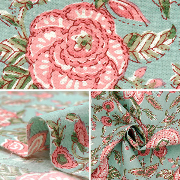 [Quantity starting from 5] Fabric "IndiaSheetingPrinted floral pattern green x pink RAM-SHE-25G"