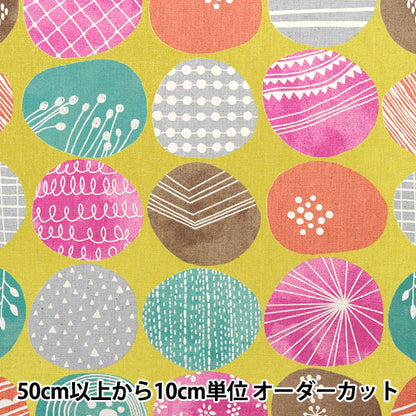 [From quantity 5] Fabric "Cotton hemp canvas circle yellow base SK-5400-1B"